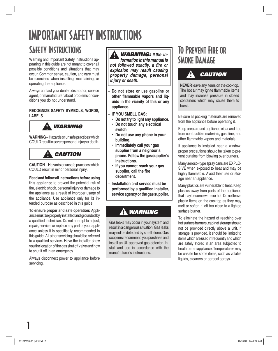 Important safety instructions, 1safety instructions | Maytag MGC6536BDW User Manual | Page 2 / 24