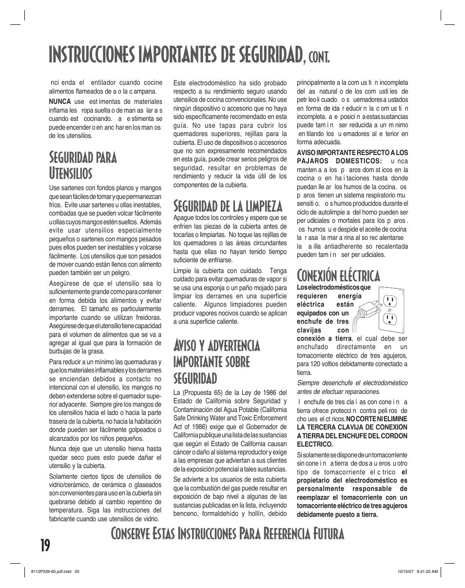 Instrucciones importantes de seguridad, 19 seguridad para utensilios, Seguridad de la limpieza | Aviso y advertencia importante sobre seguridad, Cont | Maytag MGC6536BDW User Manual | Page 20 / 24