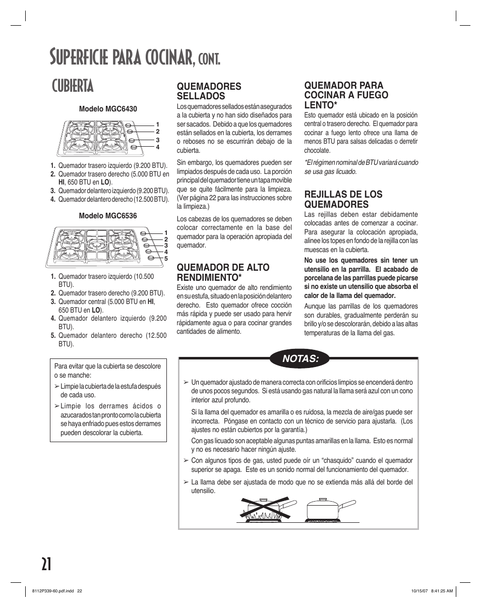 Superficie para cocinar, Cubierta, Cont | Maytag MGC6536BDW User Manual | Page 22 / 24