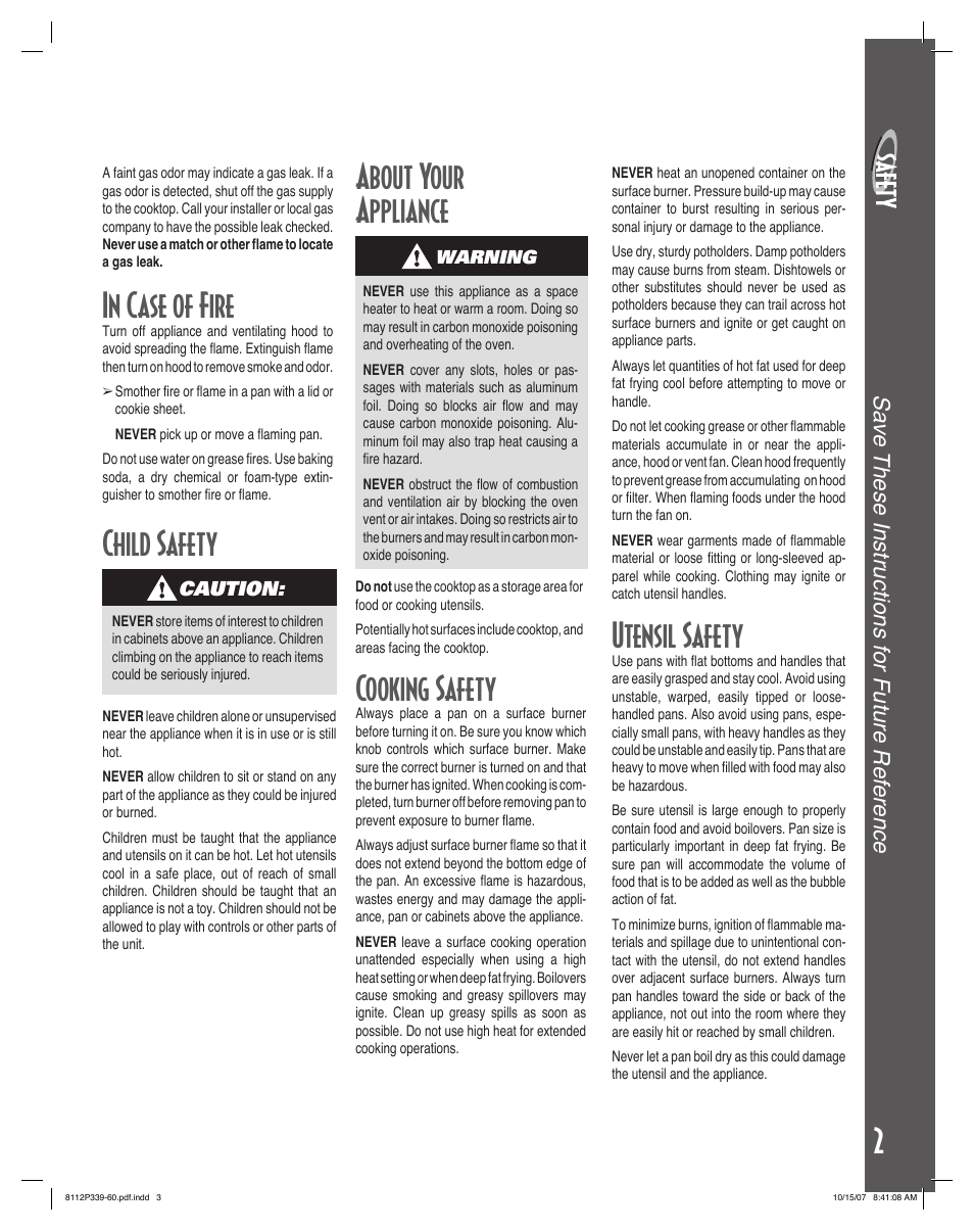 Child safety, Utensil safety, About your appliance | Cooking safety, Sa v e these instr uctions f or future ref erence | Maytag MGC6536BDW User Manual | Page 3 / 24