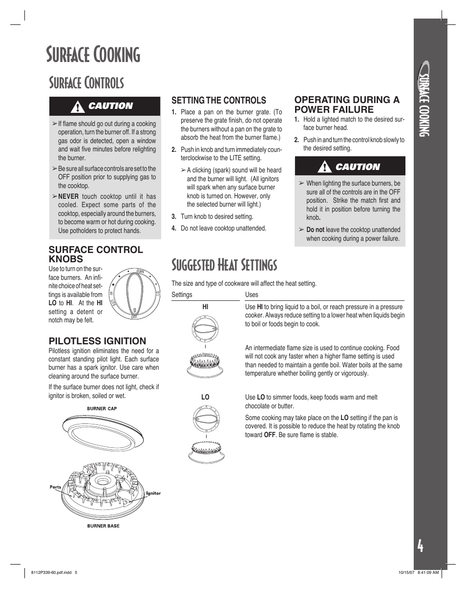 Surface cooking, Suggested heat settings, Surface controls | Surface control knobs, Setting the controls, Operating during a power failure, Pilotless ignition, Caution | Maytag MGC6536BDW User Manual | Page 5 / 24