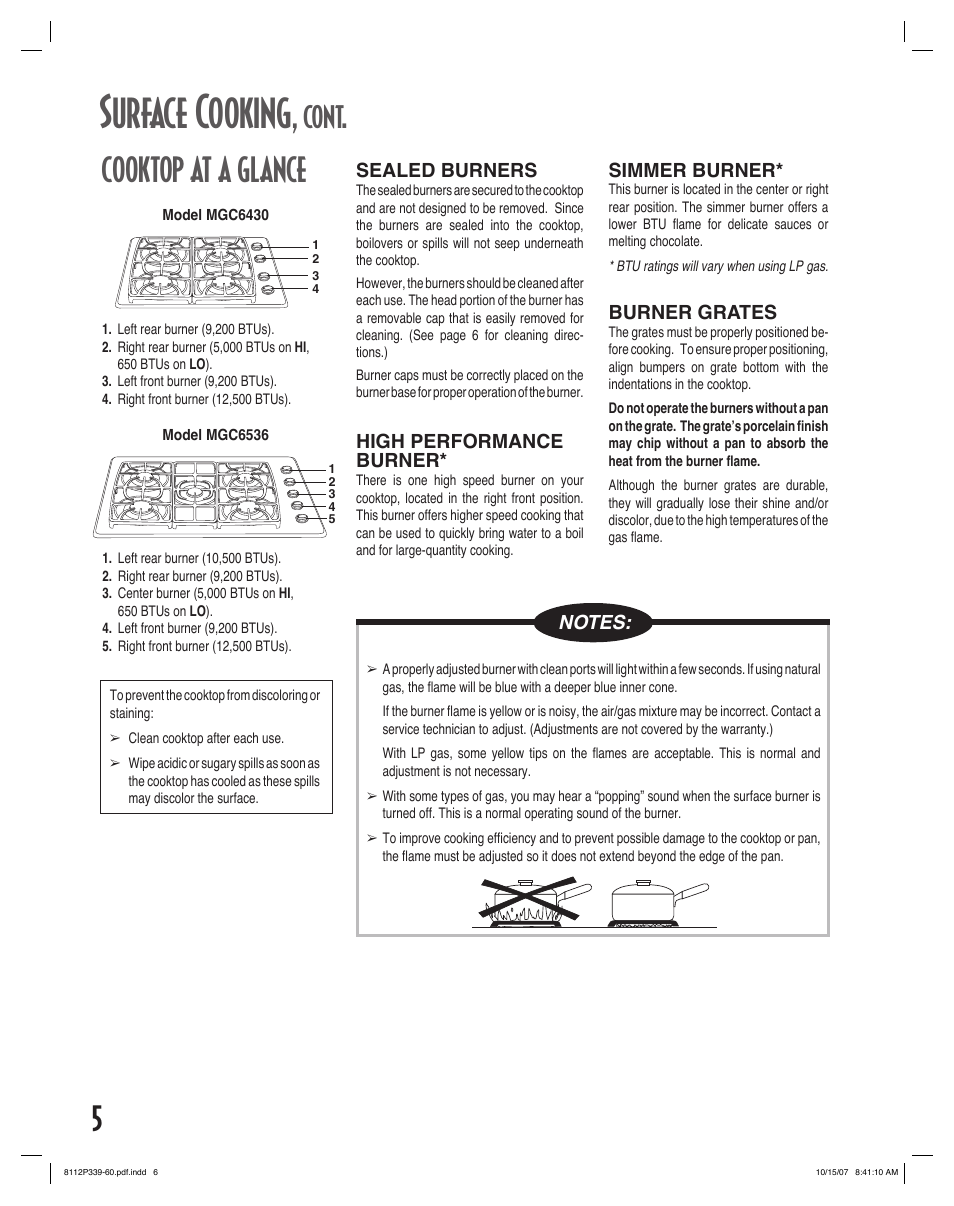 Surface cooking, Cooktop at a glance, Cont | Maytag MGC6536BDW User Manual | Page 6 / 24