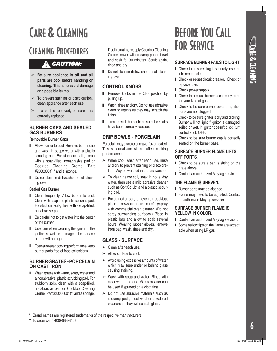 Care & cleaning, Before you call for service, Cleaning procedures | Maytag MGC6536BDW User Manual | Page 7 / 24