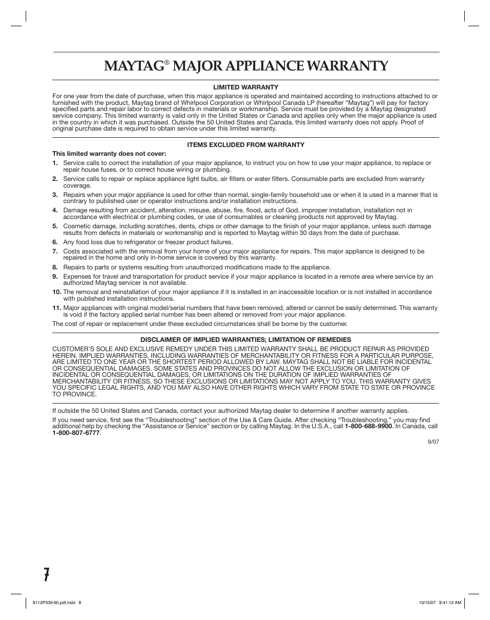 Maytag, Major appliance warranty | Maytag MGC6536BDW User Manual | Page 8 / 24