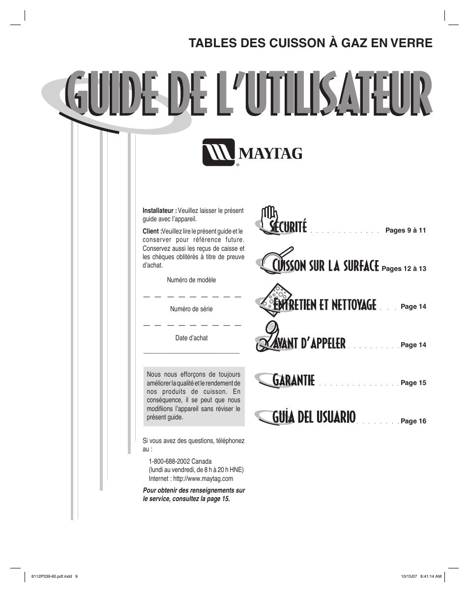 Tables des cuisson à gaz en verre | Maytag MGC6536BDW User Manual | Page 9 / 24
