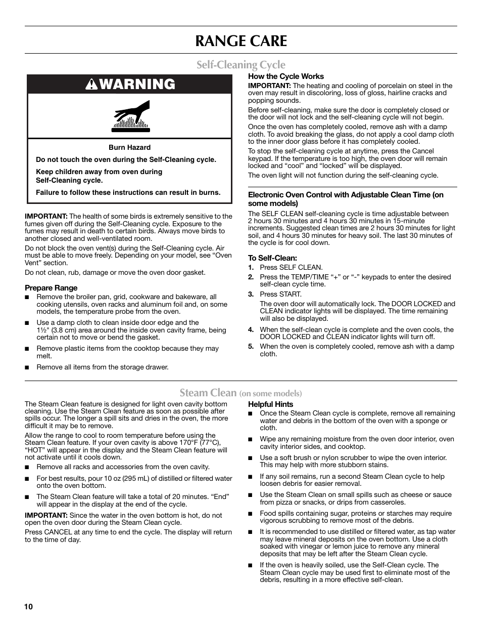 Range care, Warning, Self-cleaning cycle | Steam clean | Maytag W10269529A User Manual | Page 10 / 16
