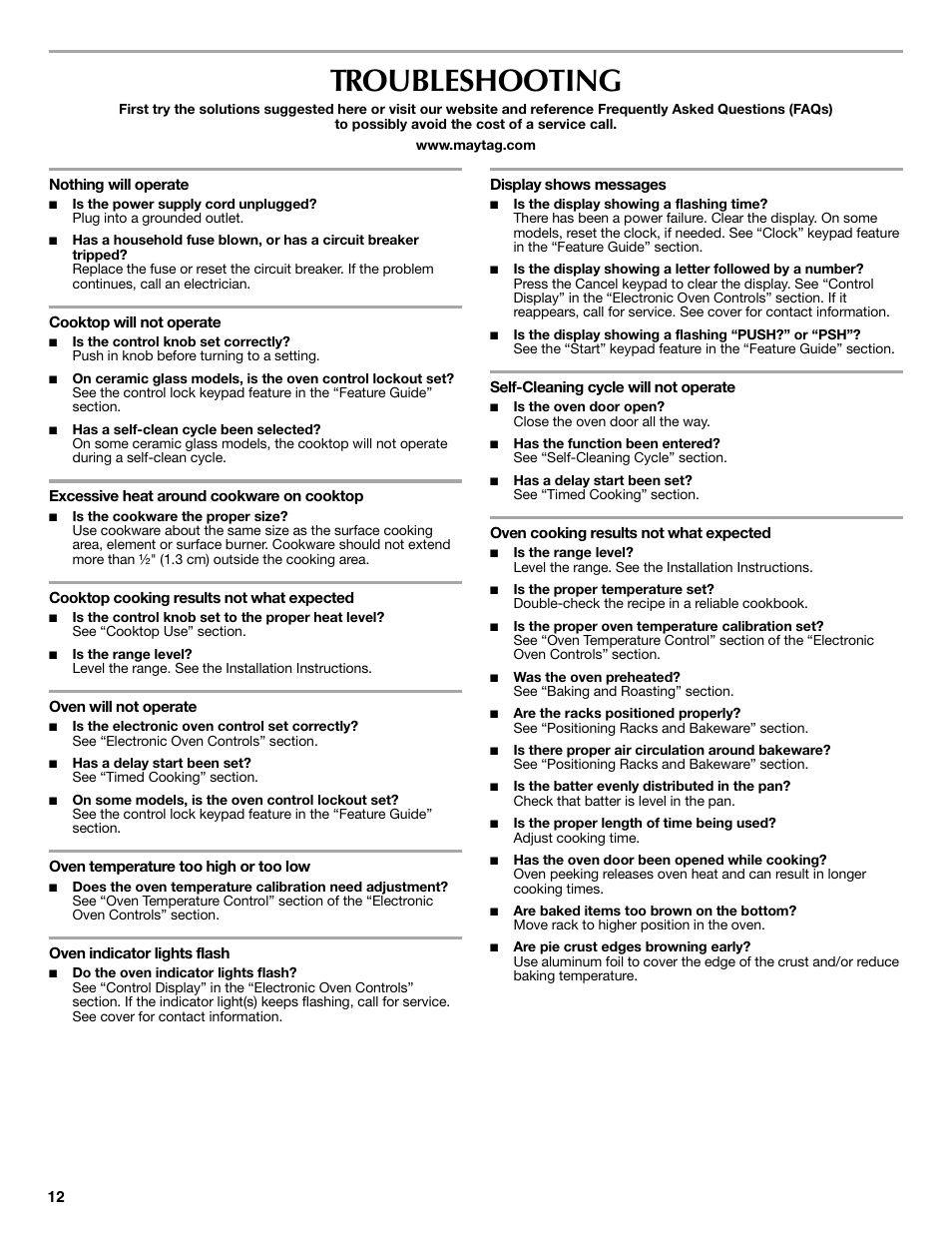 Troubleshooting | Maytag W10269529A User Manual | Page 12 / 16