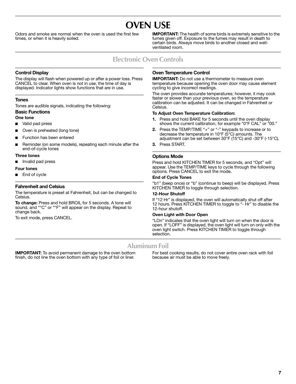 Oven use, Electronic oven controls, Aluminum foil | Maytag W10269529A User Manual | Page 7 / 16
