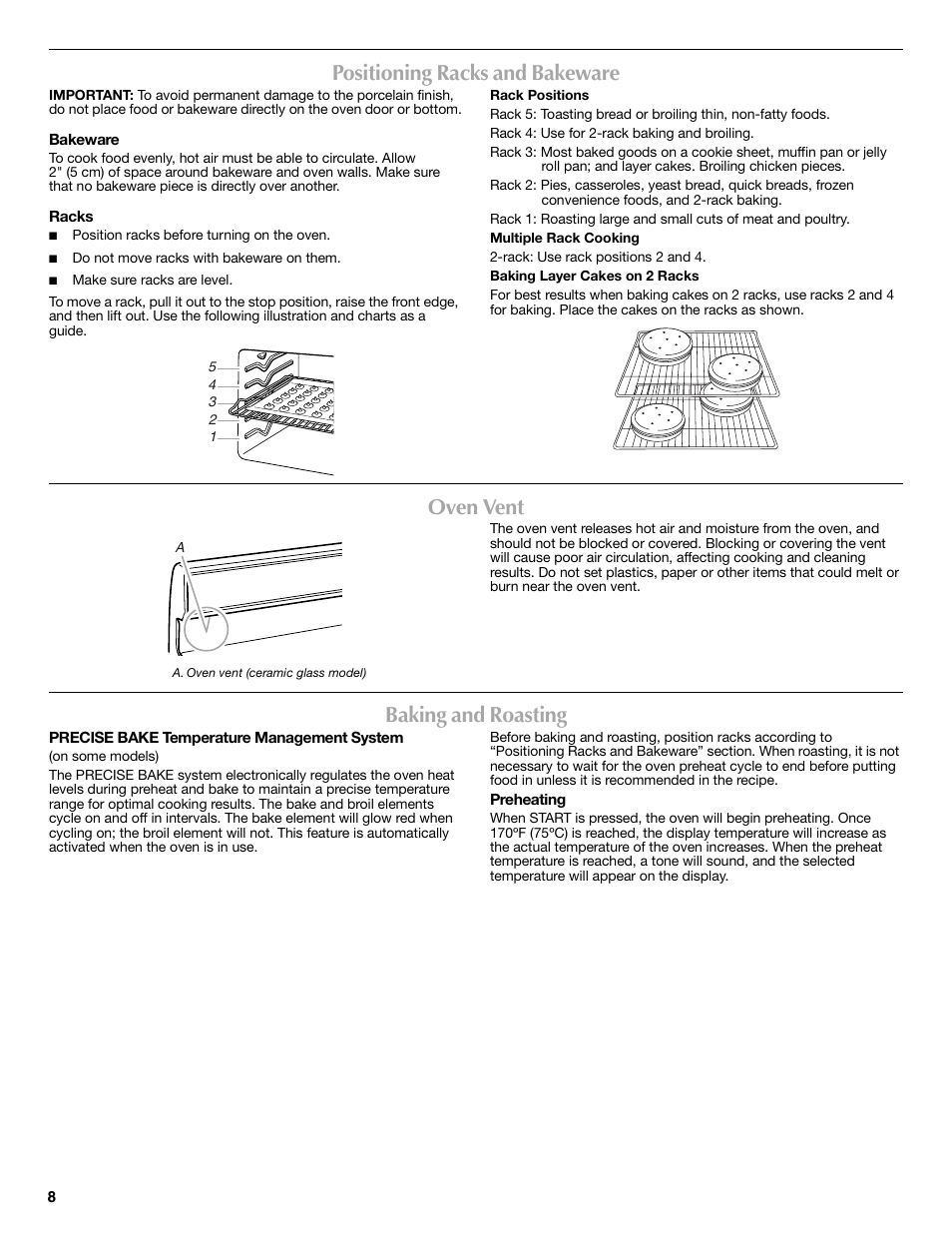 Positioning racks and bakeware, Oven vent, Baking and roasting | Maytag W10269529A User Manual | Page 8 / 16