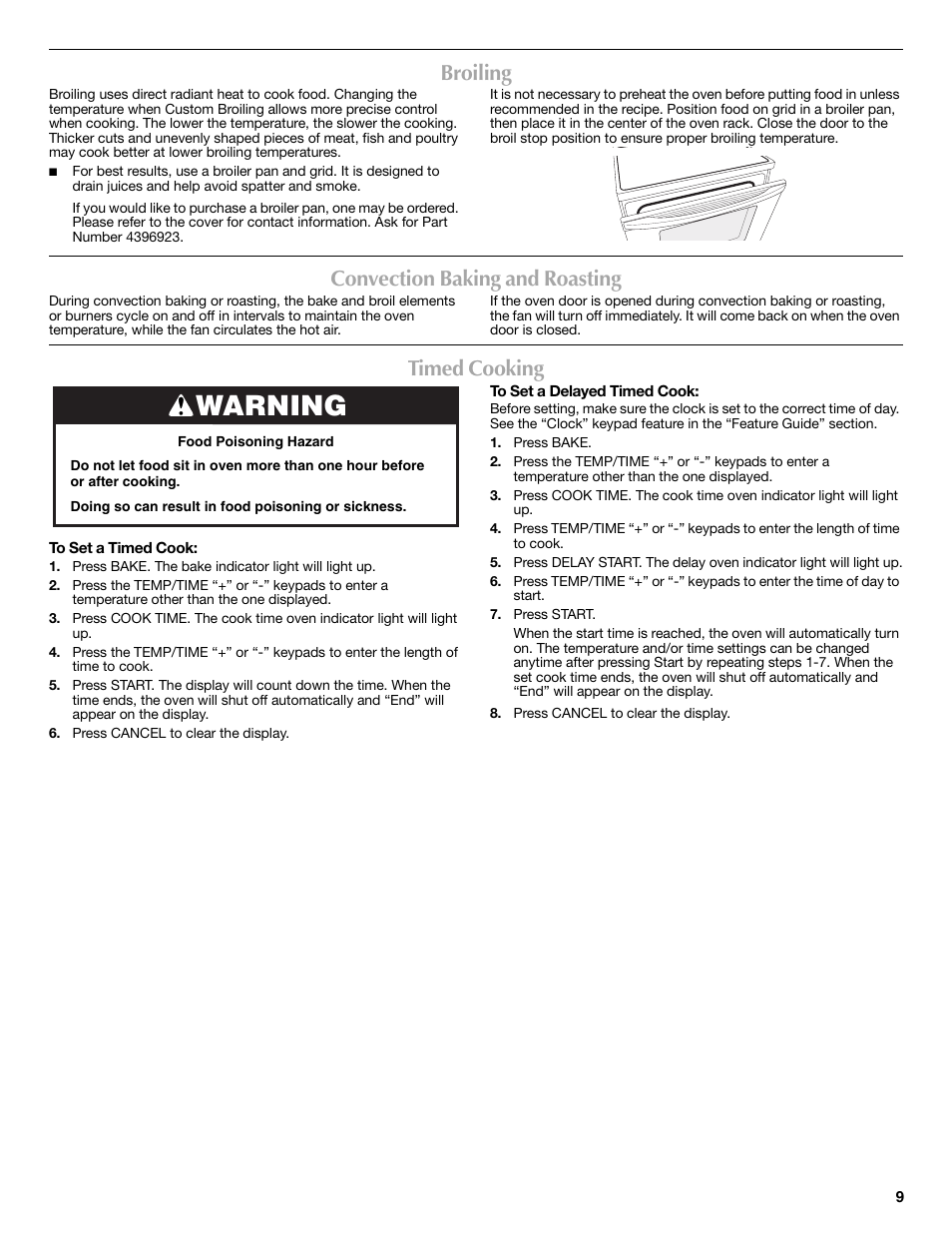 Warning, Broiling, Convection baking and roasting | Timed cooking | Maytag W10269529A User Manual | Page 9 / 16