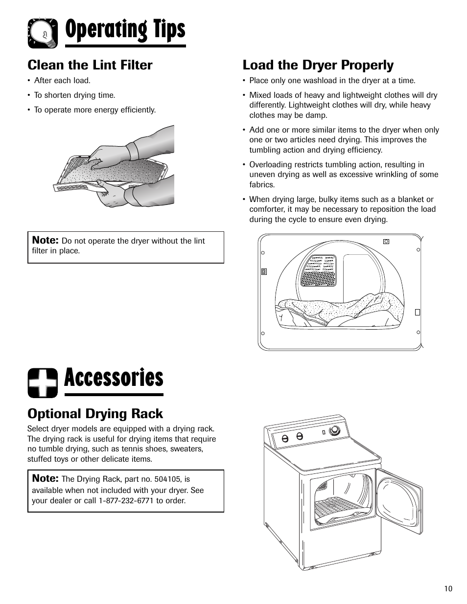 Operating tips accessories, Optional drying rack, Clean the lint filter | Load the dryer properly | Maytag MD-1 User Manual | Page 11 / 48