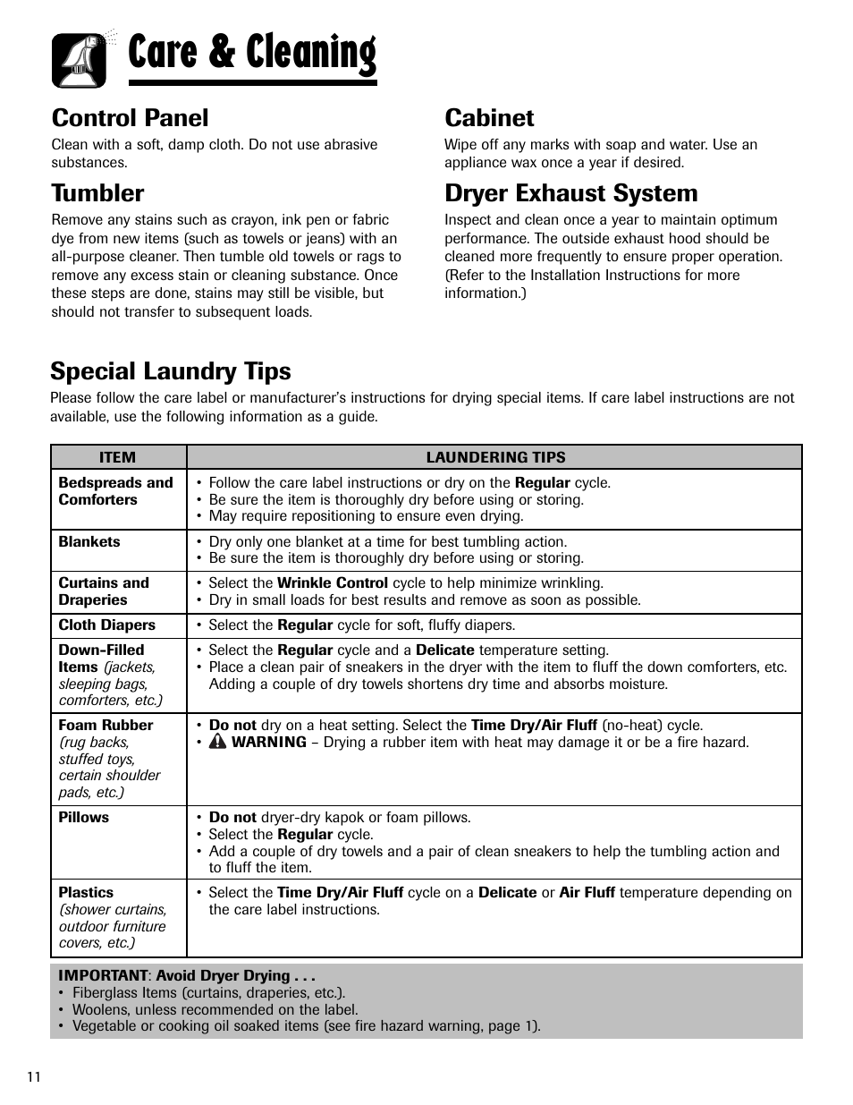 Care & cleaning, Control panel, Tumbler | Cabinet, Dryer exhaust system, Special laundry tips | Maytag MD-1 User Manual | Page 12 / 48