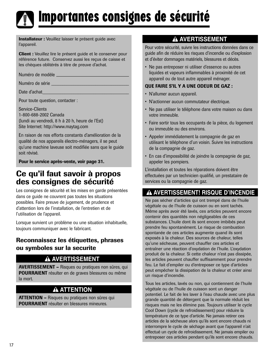 Importantes consignes de sécurité | Maytag MD-1 User Manual | Page 18 / 48