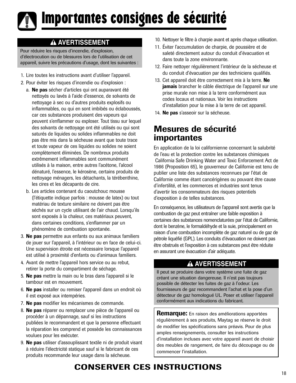 Importantes consignes de sécurité, Mesures de sécurité importantes, Conserver ces instructions | Maytag MD-1 User Manual | Page 19 / 48