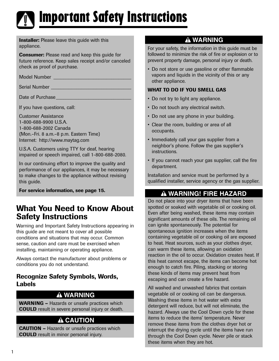 Important safety instructions, What you need to know about safety instructions | Maytag MD-1 User Manual | Page 2 / 48