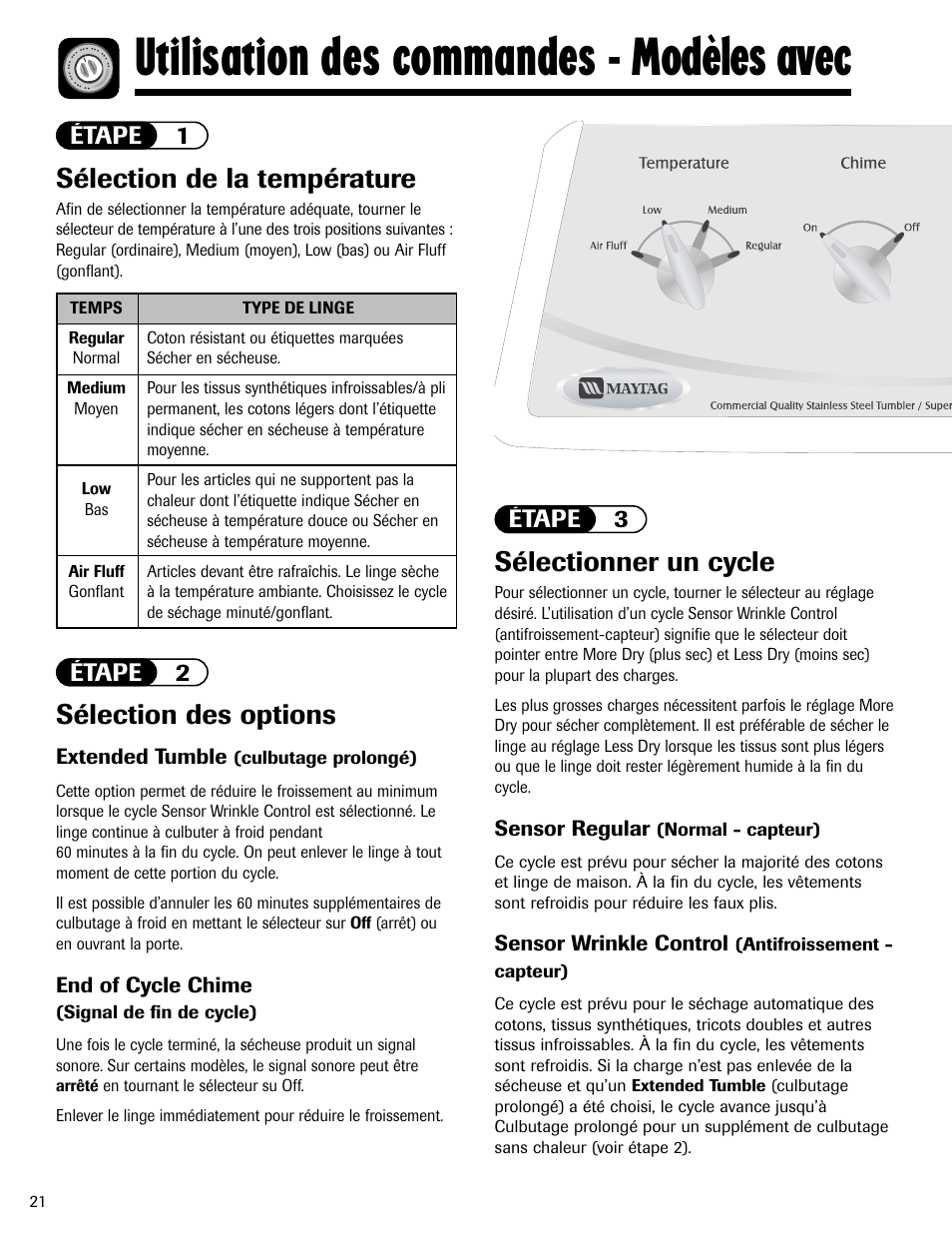 Utilisation des commandes - modèles avec, Sélection de la température, Sélection des options | Sélectionner un cycle, Étape 1, Étape 2, Étape 3 | Maytag MD-1 User Manual | Page 22 / 48