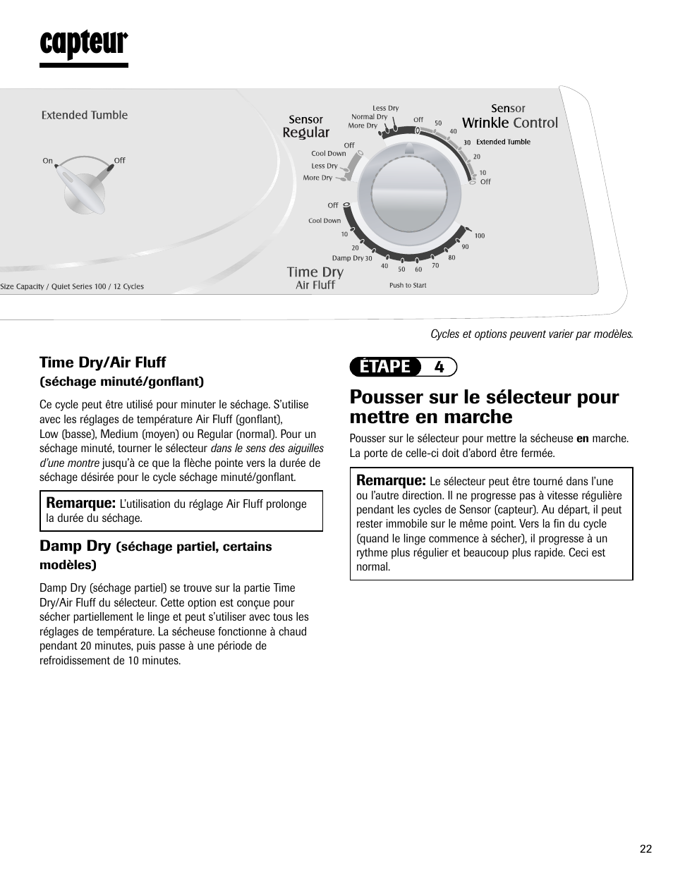 Capteur, Pousser sur le sélecteur pour mettre en marche | Maytag MD-1 User Manual | Page 23 / 48