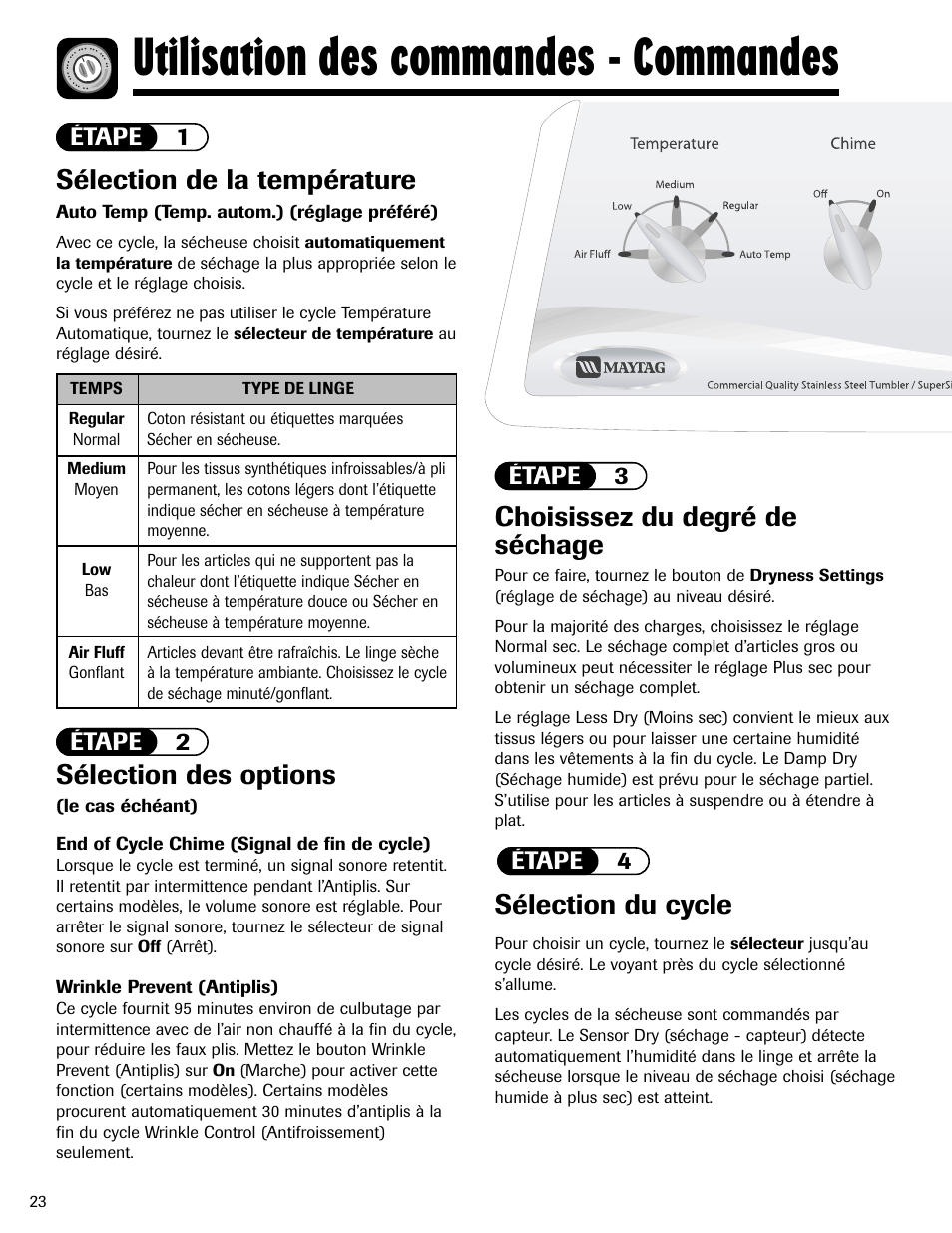 Utilisation des commandes - commandes, Choisissez du degré de séchage, Sélection de la température | Sélection des options, Sélection du cycle, Étape 1, Étape 2 étape 3 étape 4 | Maytag MD-1 User Manual | Page 24 / 48