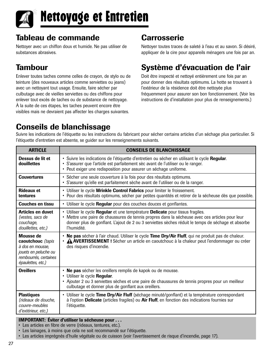 Nettoyage et entretien, Tableau de commande, Tambour | Carrosserie, Système d’évacuation de l’air, Conseils de blanchissage | Maytag MD-1 User Manual | Page 28 / 48