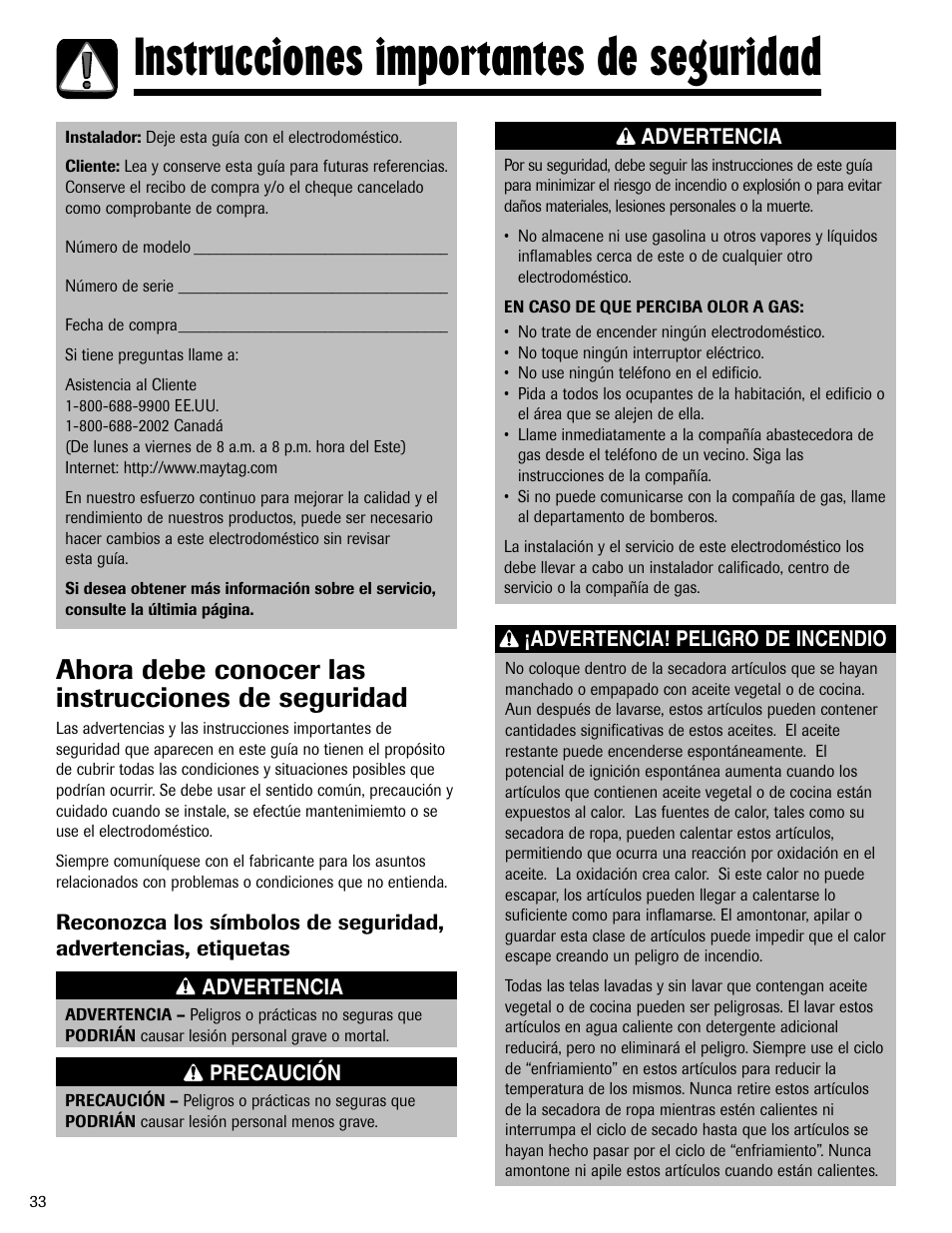 Instrucciones importantes de seguridad, Ahora debe conocer las instrucciones de seguridad | Maytag MD-1 User Manual | Page 34 / 48