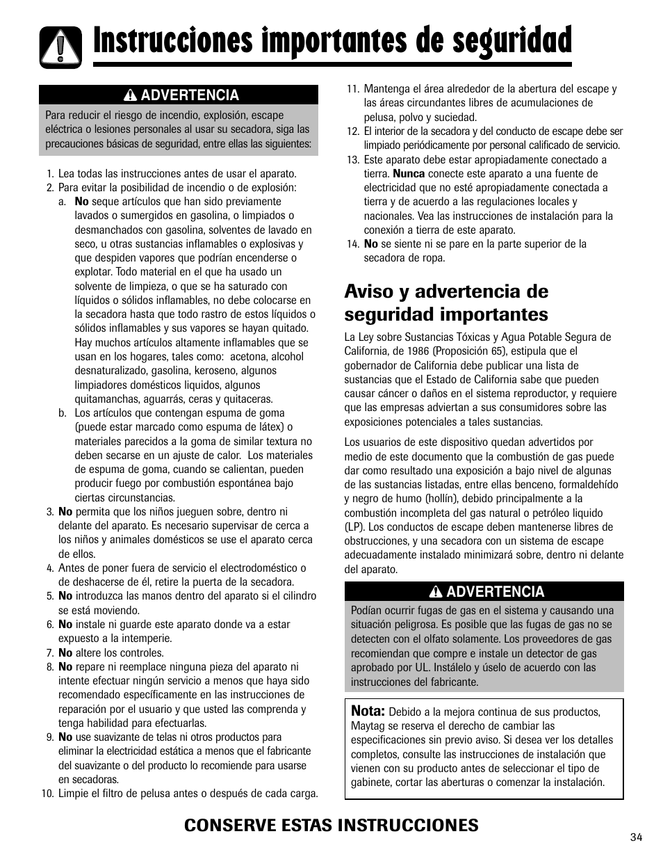 Instrucciones importantes de seguridad, Aviso y advertencia de seguridad importantes, Conserve estas instrucciones | Maytag MD-1 User Manual | Page 35 / 48