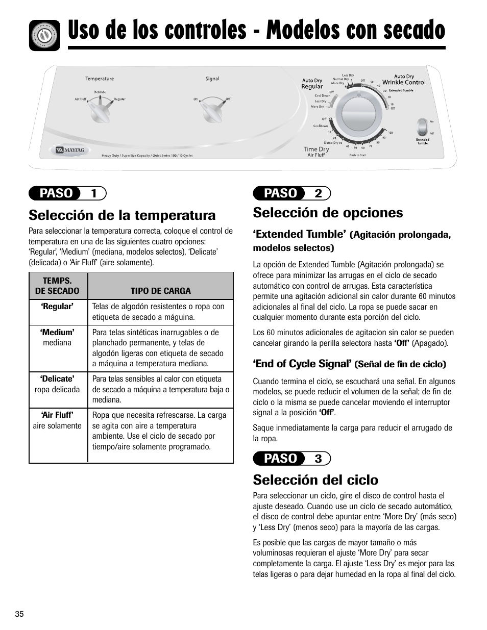 Uso de los controles - modelos con secado, Selección de la temperatura, Selección de opciones | Selección del ciclo, Paso 1 paso 2, Paso 3 | Maytag MD-1 User Manual | Page 36 / 48