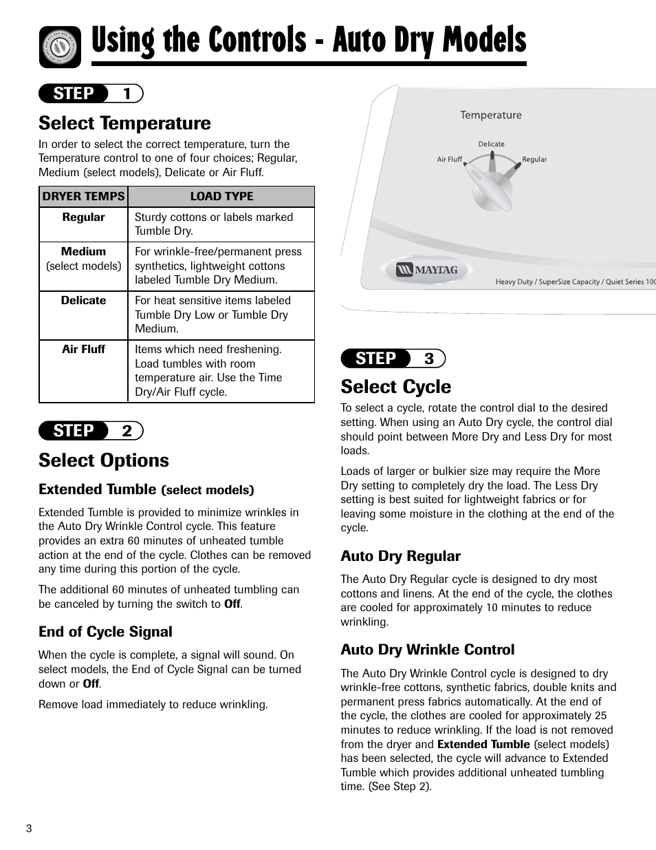 Using the controls - auto dry models, Select temperature, Select options | Select cycle | Maytag MD-1 User Manual | Page 4 / 48