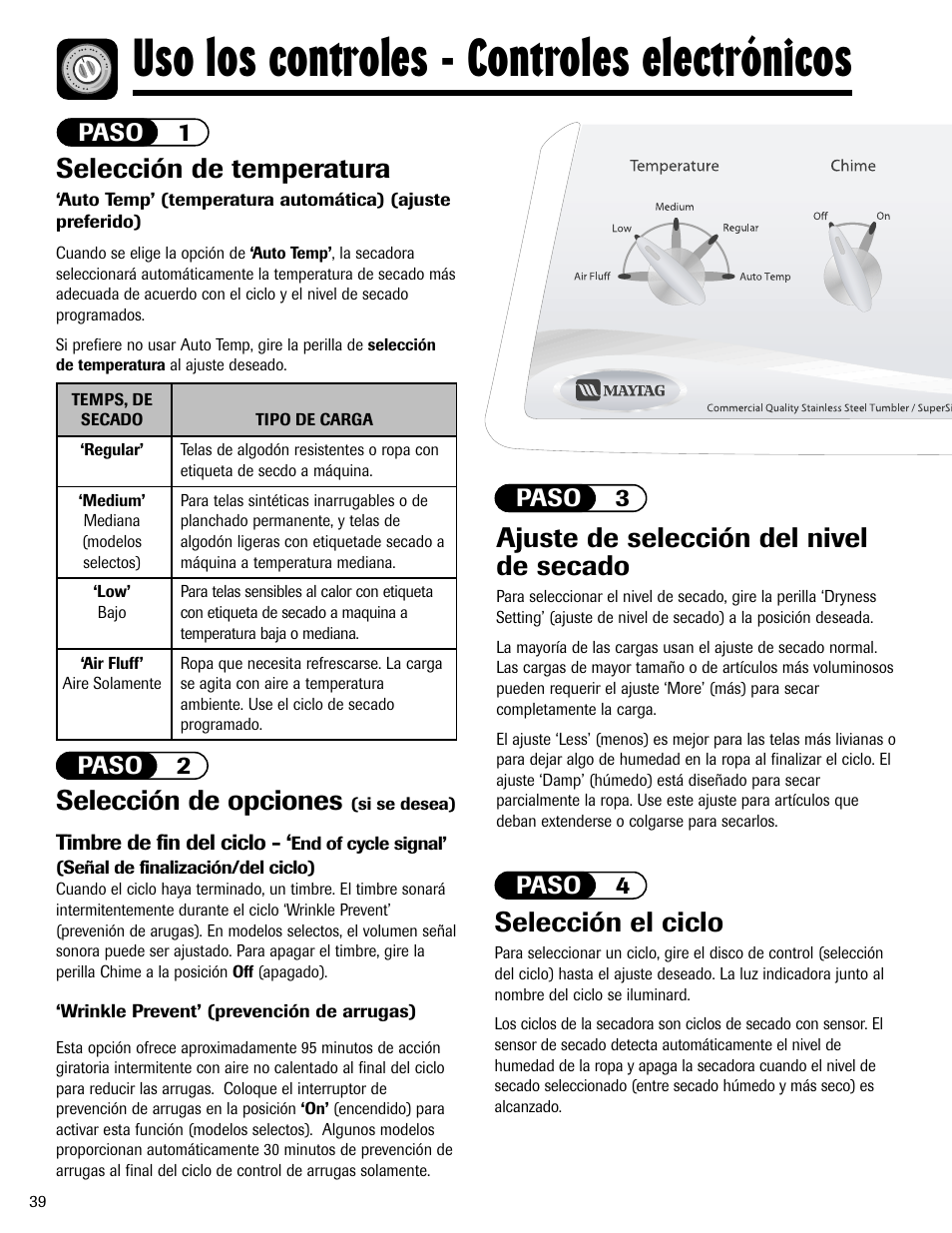 Uso los controles - controles electrónicos, Ajuste de selección del nivel de secado, Selección de temperatura | Selección el ciclo, Selección de opciones, Paso 1 paso 2, Paso 3 paso 4 | Maytag MD-1 User Manual | Page 40 / 48