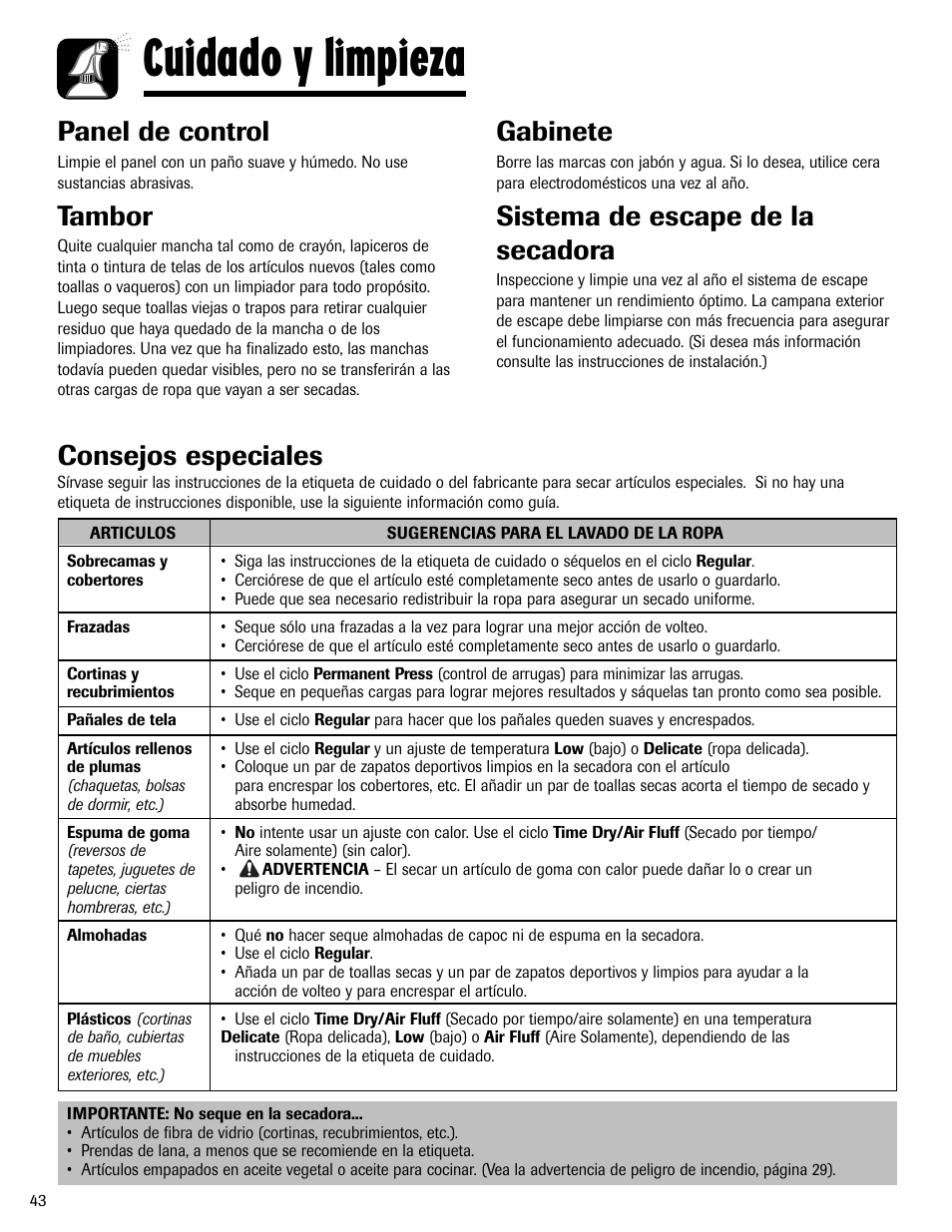 Cuidado y limpieza, Panel de control, Tambor | Gabinete, Sistema de escape de la secadora, Consejos especiales | Maytag MD-1 User Manual | Page 44 / 48