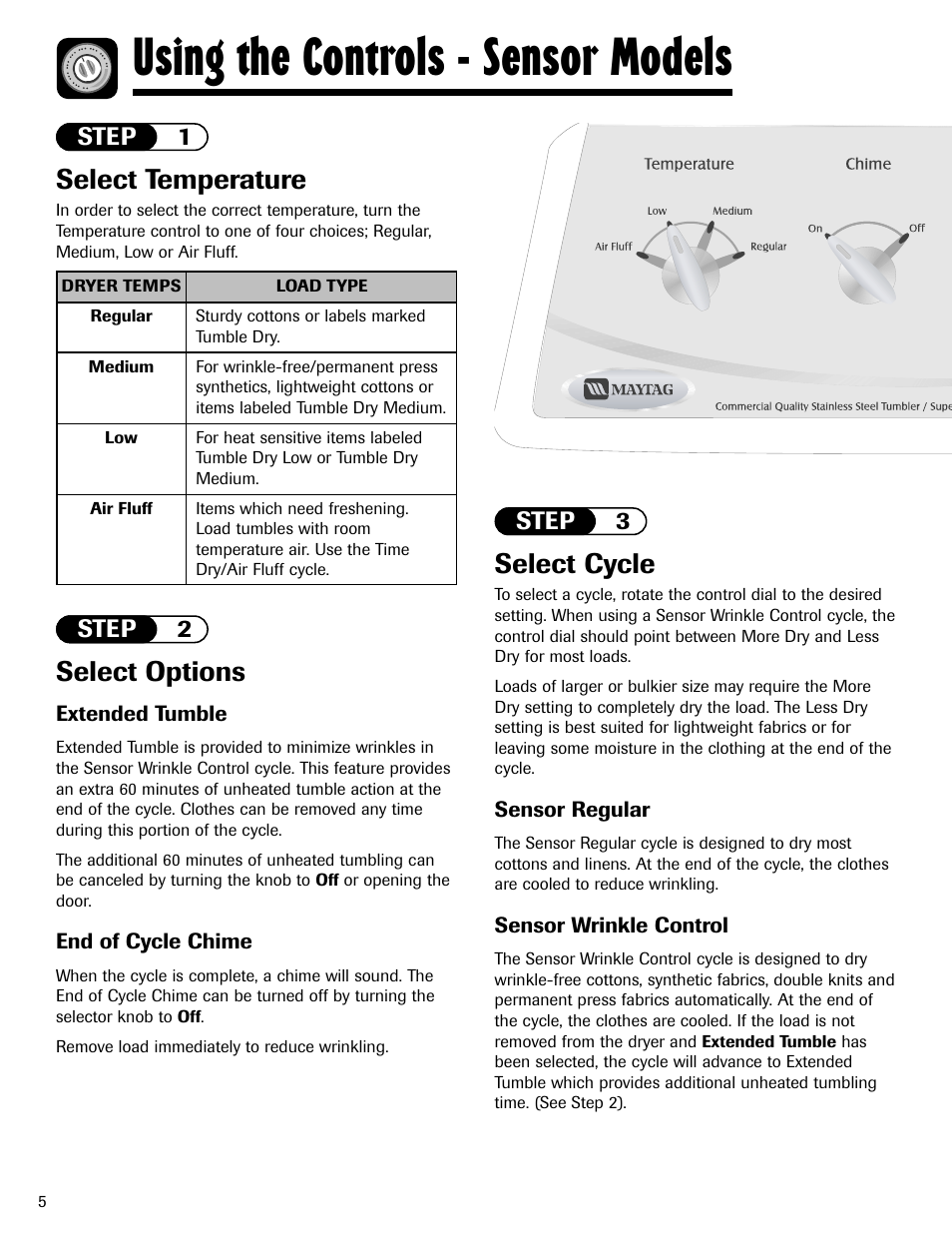 Using the controls - sensor models, Select temperature, Select options | Select cycle | Maytag MD-1 User Manual | Page 6 / 48