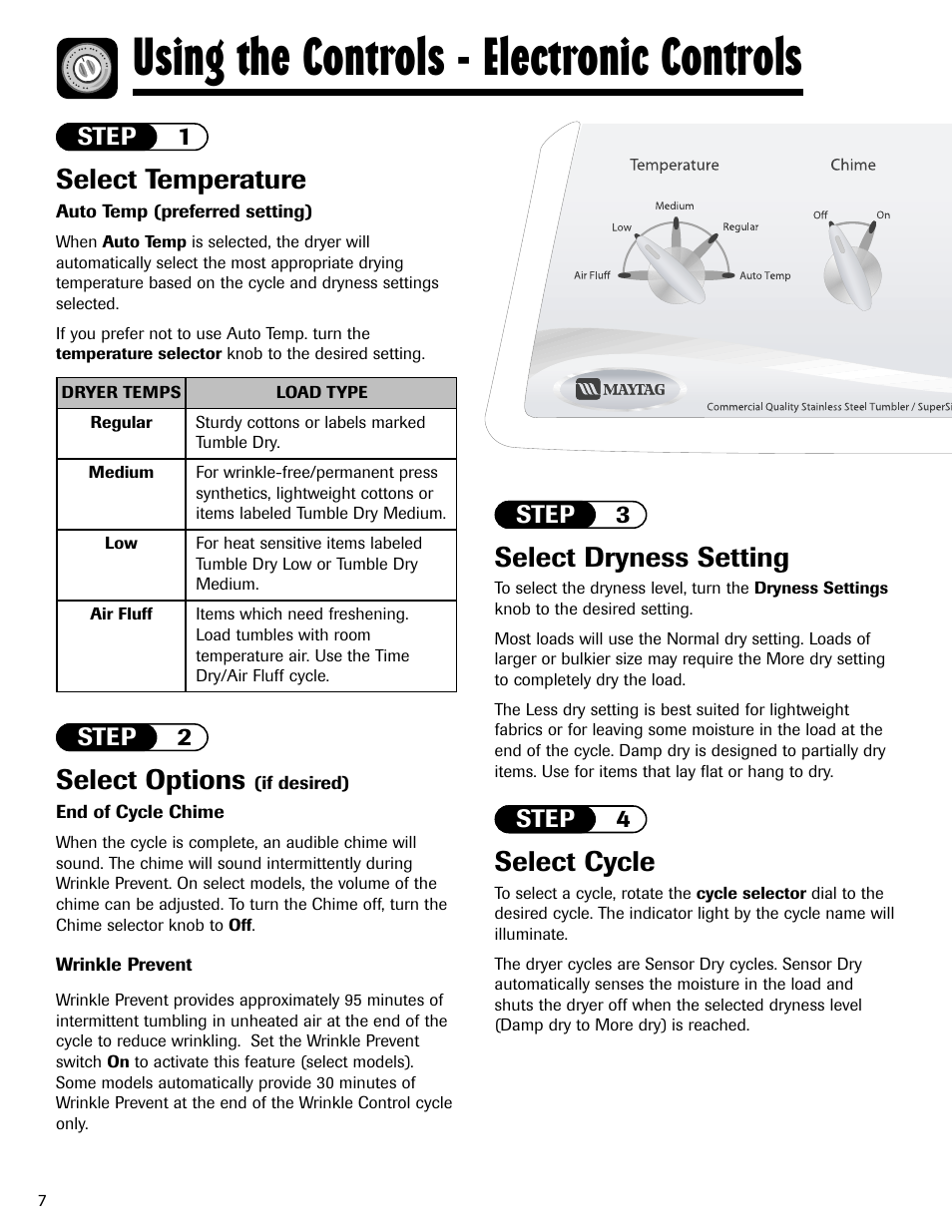 Using the controls - electronic controls, Select dryness setting, Select temperature | Select options, Select cycle | Maytag MD-1 User Manual | Page 8 / 48