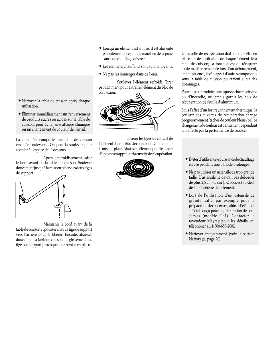 Éléments de la table de cuisson, Table de cuisson émaillée soulevable, Éléments chauffants | Cuvettes de récupération | Maytag WT-TOD User Manual | Page 17 / 36