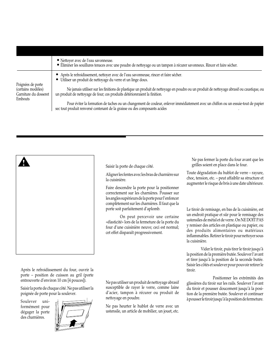 Entretien, Tableau de nettoyage (suite), Porte du four | Hublot du four, Tiroir de remisage, Certains modèles) | Maytag WT-TOD User Manual | Page 22 / 36