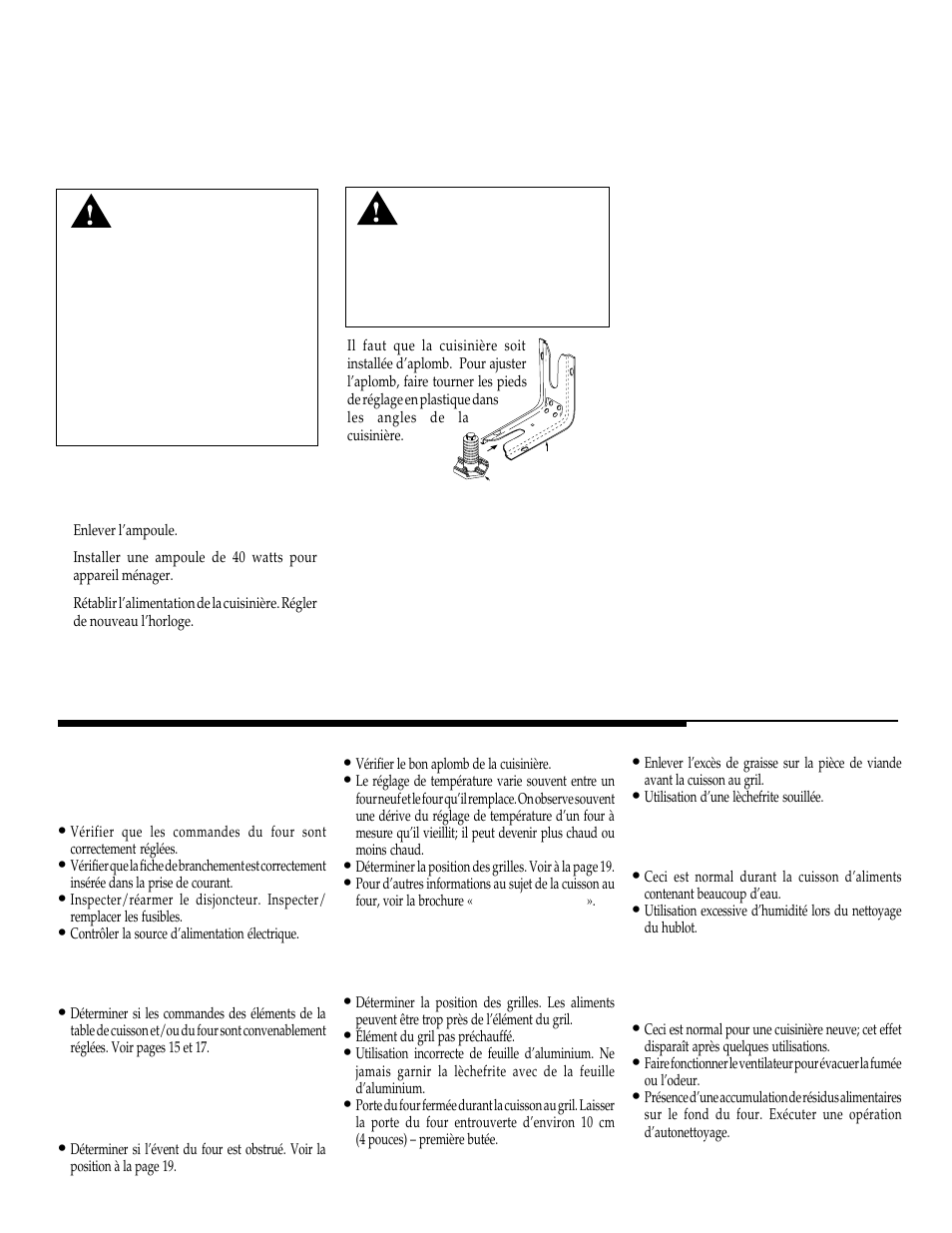 Avant de contacter un dépanneur, Lampe du four, Pieds de réglage de l’aplomb | Certains modèles) | Maytag WT-TOD User Manual | Page 23 / 36