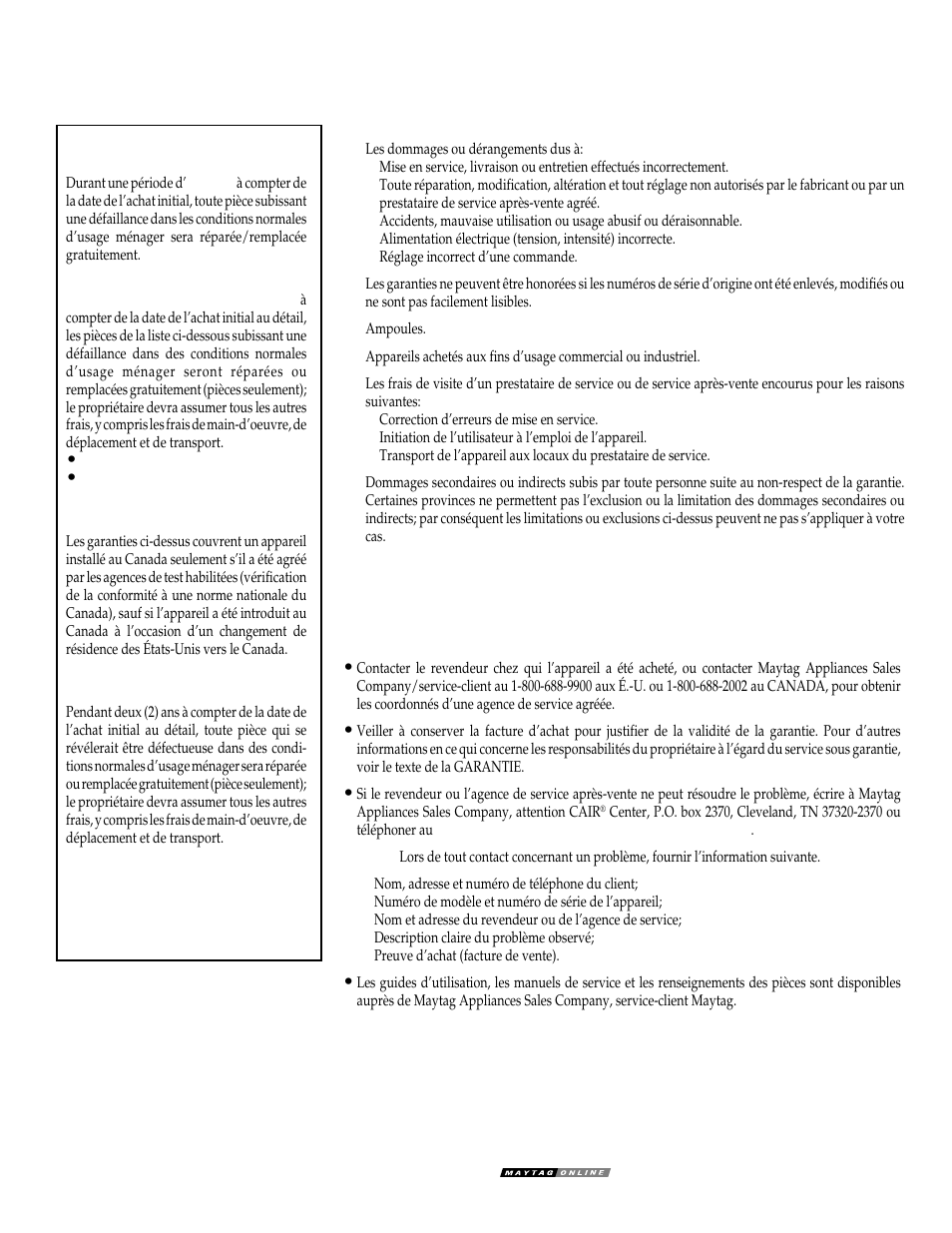 Si l’intervention d’un dépanneur est nécessaire, Maytag | Maytag WT-TOD User Manual | Page 24 / 36