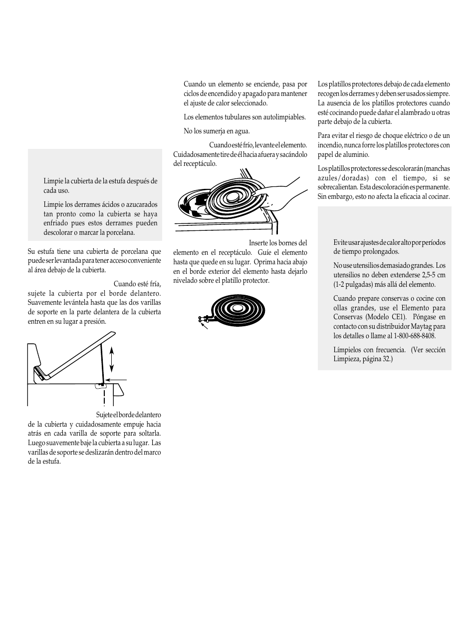 Superficie de los elementos tubulares, Cubierta de porcelana alzable, Elementos tubulares | Platillos protectores | Maytag WT-TOD User Manual | Page 29 / 36