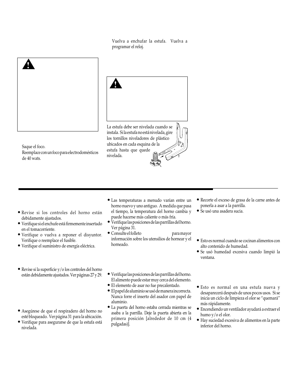 Antes de solicitar servicio, Luz del horno, Tornillos niveladores | Modelos selectos) | Maytag WT-TOD User Manual | Page 35 / 36
