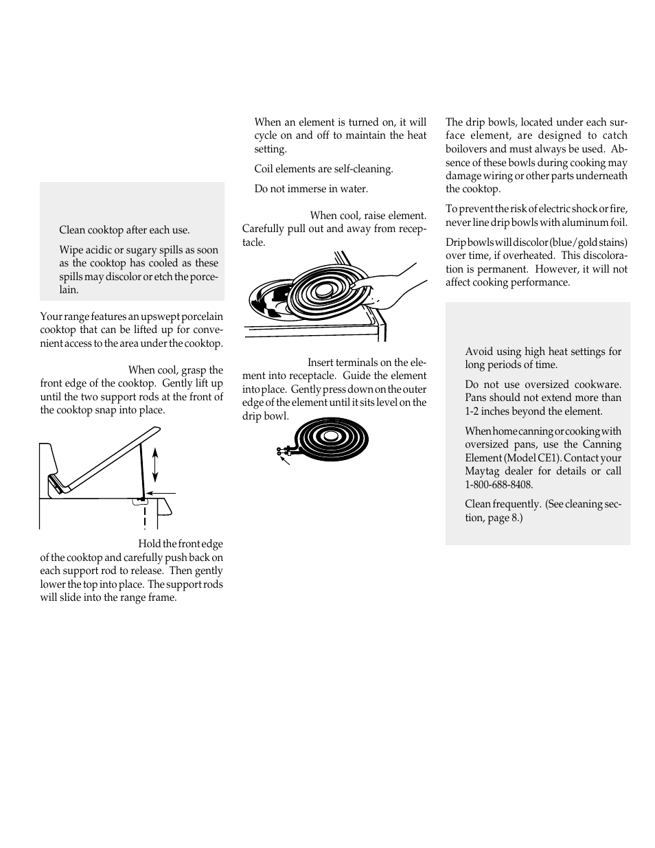 Coil element surface, Lift–up porcelain cooktop, Coil elements | Drip bowls | Maytag WT-TOD User Manual | Page 5 / 36