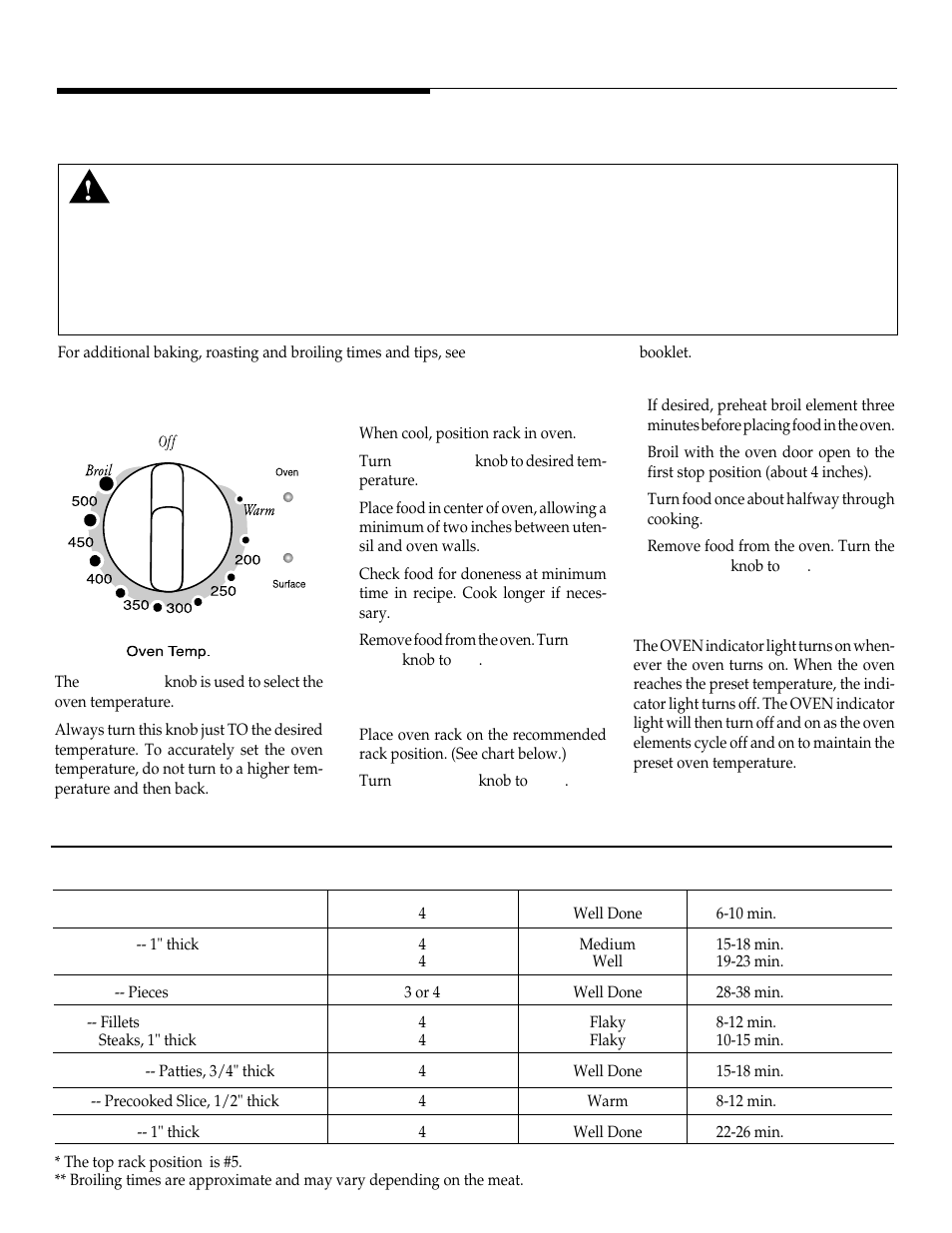 Oven cooking, Baking, roasting and broiling oven control, Oven indicator light | Broiling chart | Maytag WT-TOD User Manual | Page 7 / 36