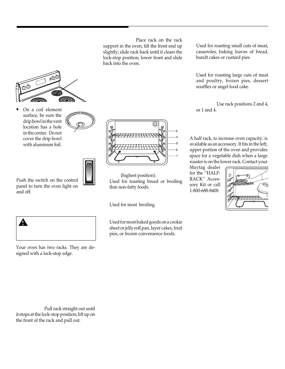 Oven cooking, Oven racks, Oven vent | Cont. oven light, Select models), Rack positions, Half rack accessory | Maytag WT-TOD User Manual | Page 8 / 36