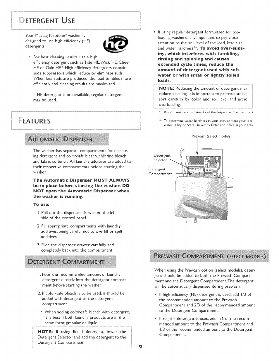 E:nt, Etergent use, Eatures | Maytag MAH-3 User Manual | Page 10 / 48