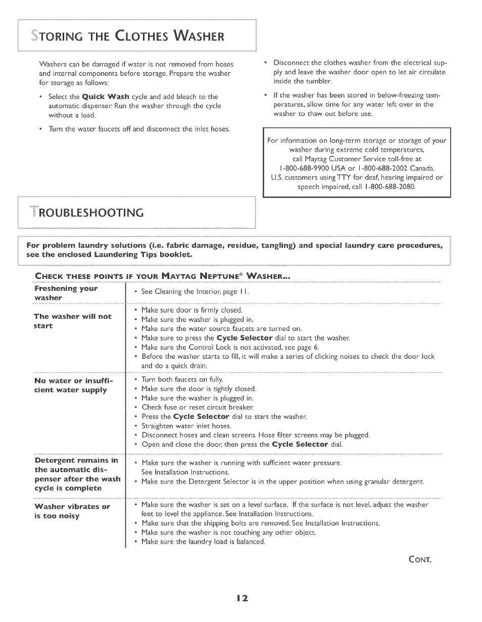 Storing the clothes washer, Storing, Roubleshooting | Lothes, Asher | Maytag MAH-3 User Manual | Page 13 / 48