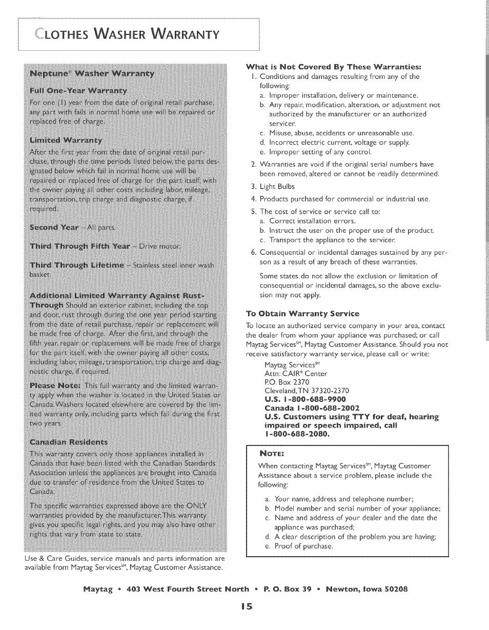 Lothes washer warranty, Wäsiiter, Lothes w | Asher, Arranty | Maytag MAH-3 User Manual | Page 16 / 48