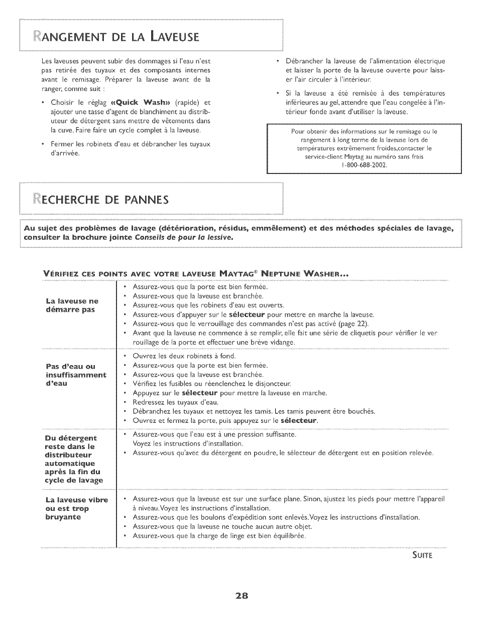Rangement de la laveuse, Ilecherche, Pannes | Angement, Aveuse | Maytag MAH-3 User Manual | Page 29 / 48
