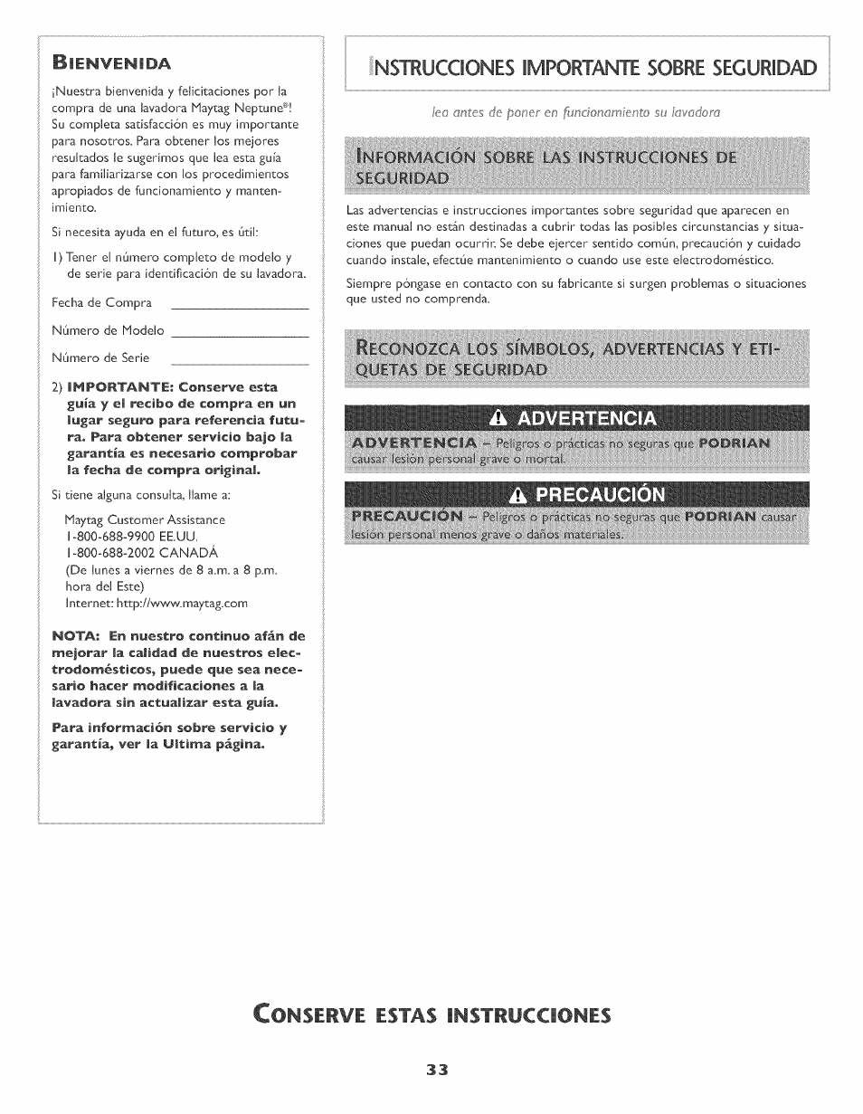 Nstrucciones importante sobre seguridad, Inforí-áái'l'ojsí séü'ürisa&á, Ccicíntsaííi | Instrucciones sobre seguridad -34, Conser¥e estas instrucciones | Maytag MAH-3 User Manual | Page 34 / 48