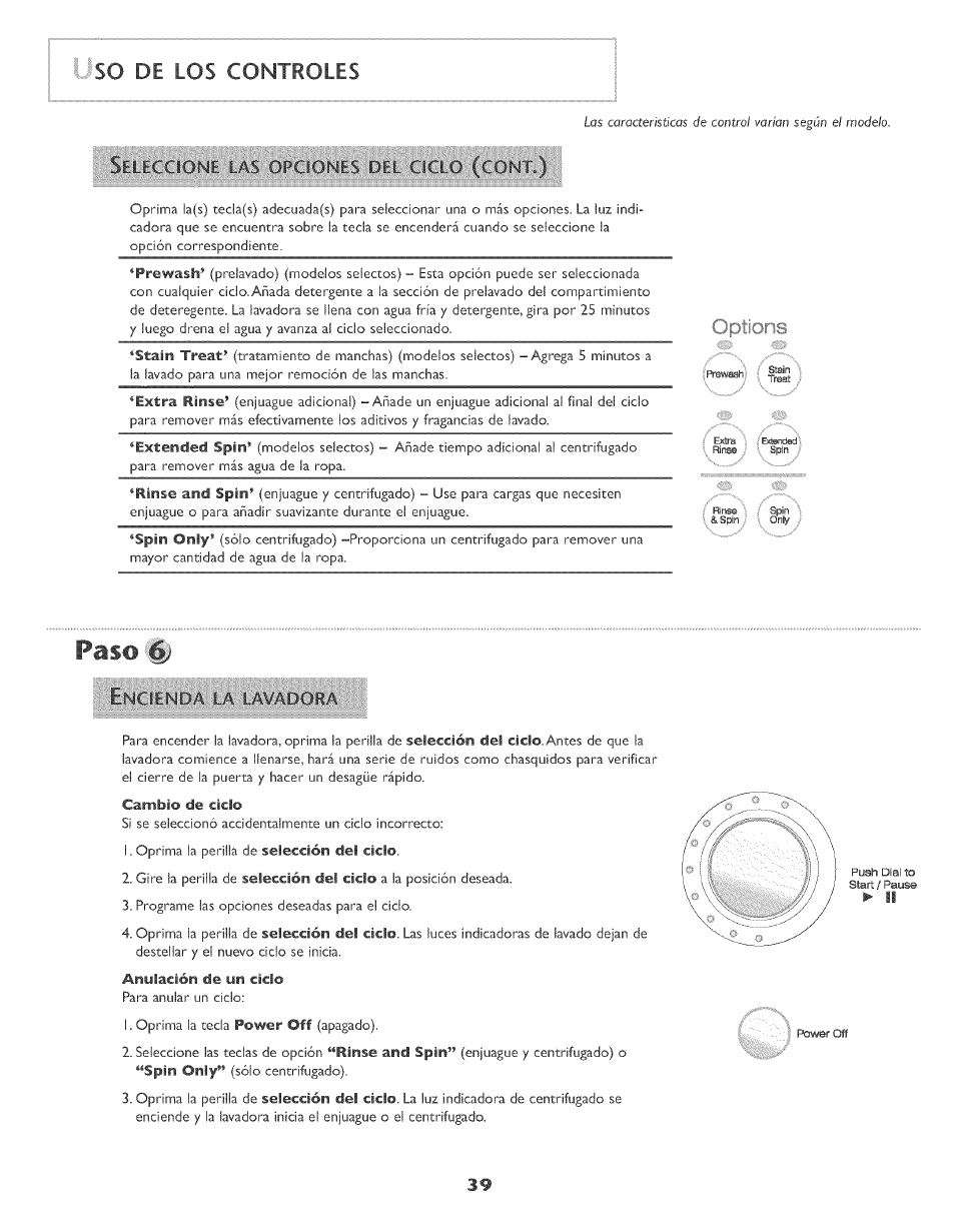 So de los controles, Uso de los controles -40, Paso | De los controles, Options | Maytag MAH-3 User Manual | Page 40 / 48