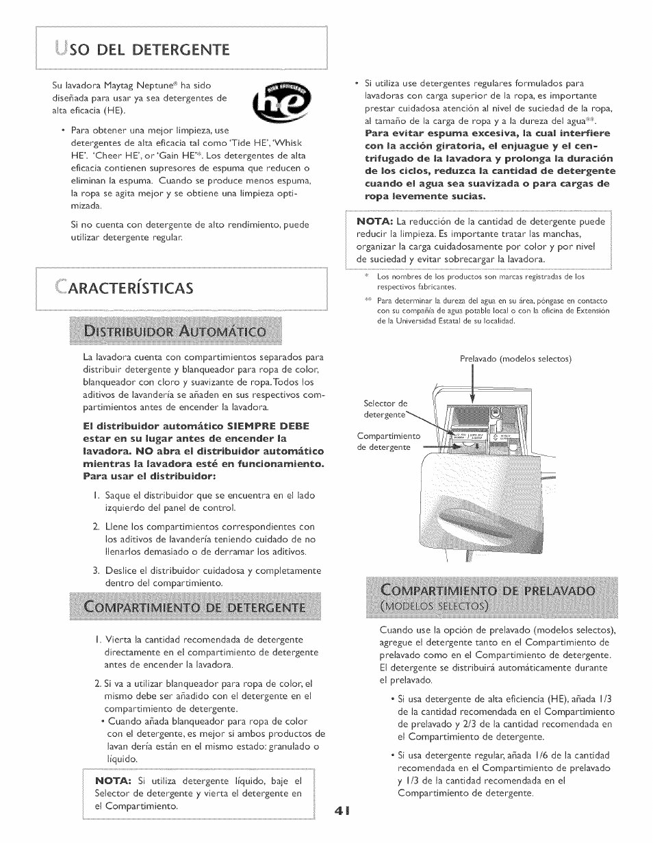 So del detergente, Aracterísticas | Maytag MAH-3 User Manual | Page 42 / 48