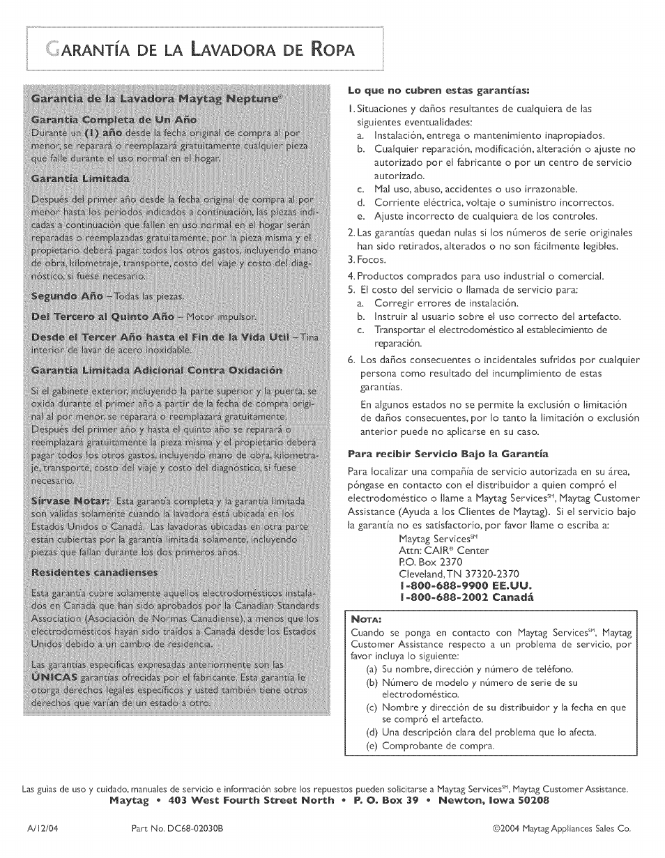 Garantía de la lavadora de ropa, Arantía, Avadora | Maytag MAH-3 User Manual | Page 48 / 48