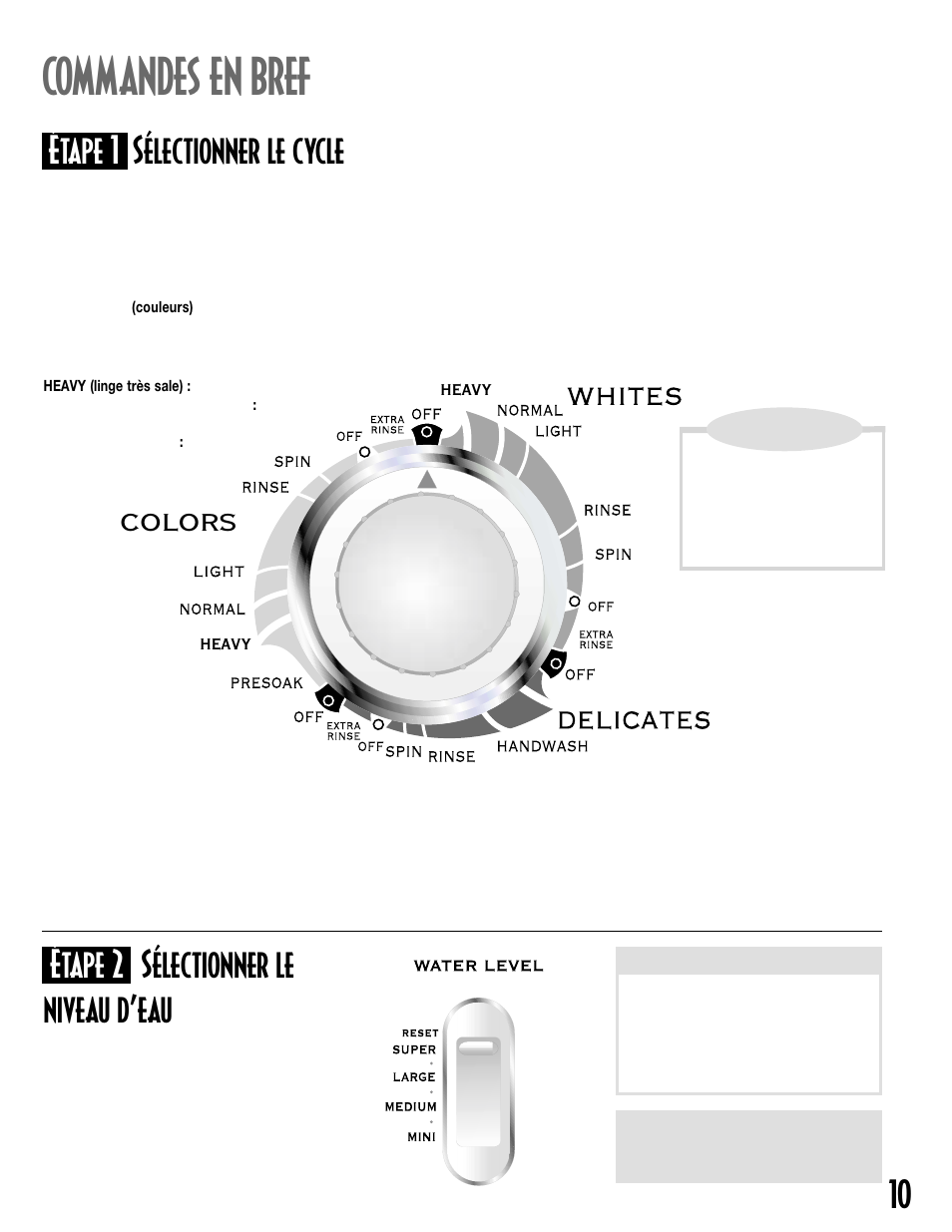 Commandes en bref, Étape 1 sélectionner le cycle, Étape 2 sélectionner le niveau d’eau | Colors | Maytag MAV-18 User Manual | Page 11 / 25