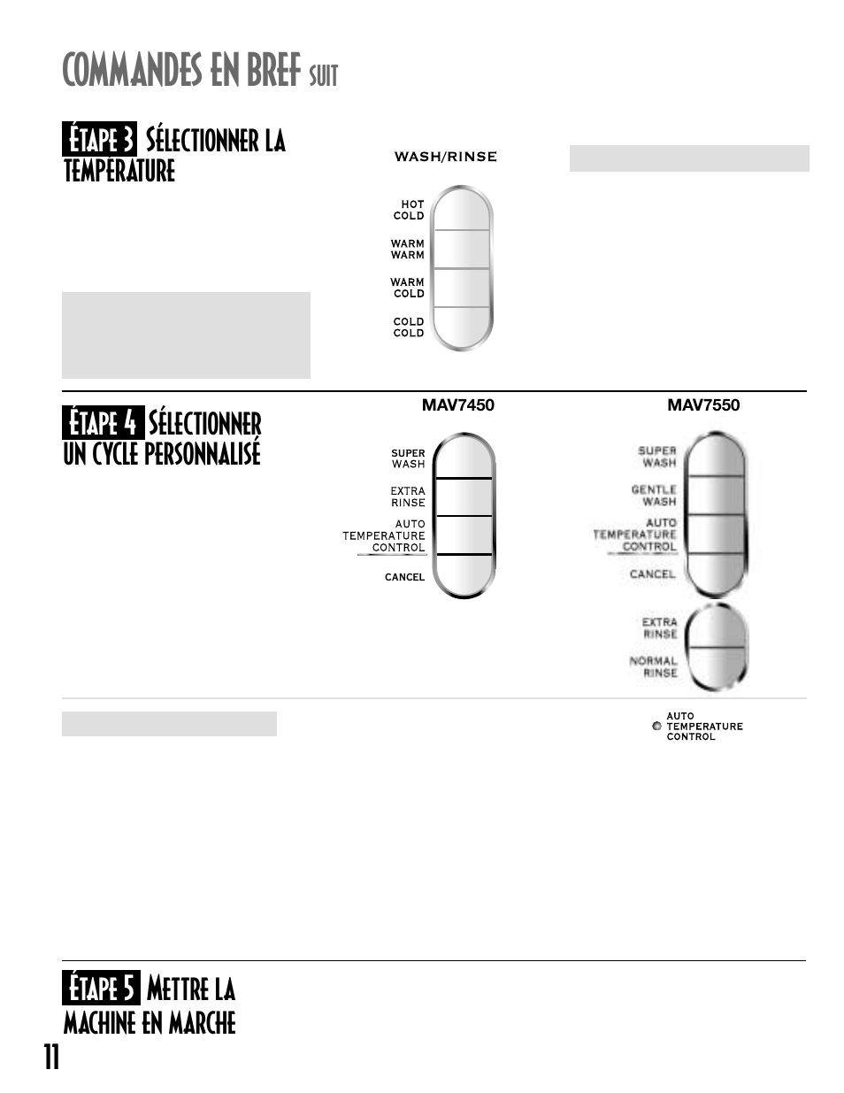 Commandes en bref, Étape 5 mettre la machine en marche, Étape 3 sélectionner la température | Étape 4 sélectionner un cycle personnalisé, Suit | Maytag MAV-18 User Manual | Page 12 / 25